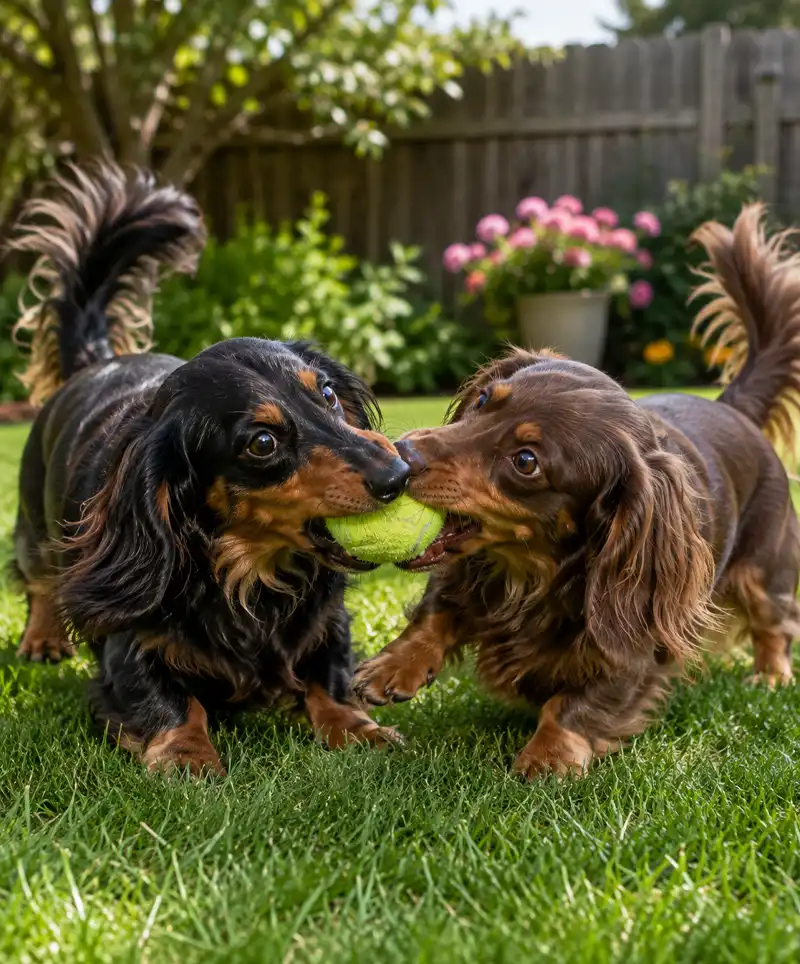 Two long-haired Dachshunds playfully tug over a tennis ball on a lush green backyard lawn, their wagging tails and determined expressions capturing the fun of a spirited game on a sunny day.