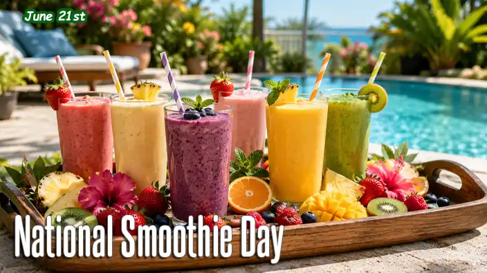 Tray of chilled tropical smoothies garnished with fresh fruit and mint leaves, displayed poolside in bright sunshine. Vibrant berries, pineapple, mango, kiwi, and citrus fruits surround the colorful drinks, creating a refreshing summer scene.