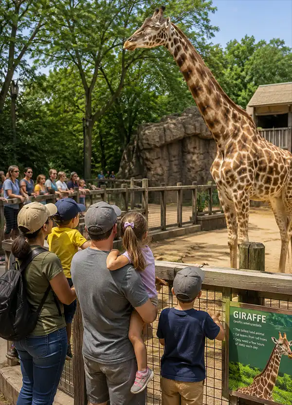 Families with young children stand at a zoo viewing area watching a giraffe in its outdoor habitat. The towering giraffe is the focus of attention as visitors observe the animal up close on a bright, sunny day.