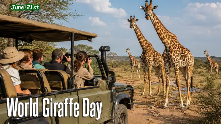Tourists seated in an open safari vehicle watch several giraffes standing nearby on the African savanna during a sunny afternoon, with cameras raised to capture the close wildlife encounter.