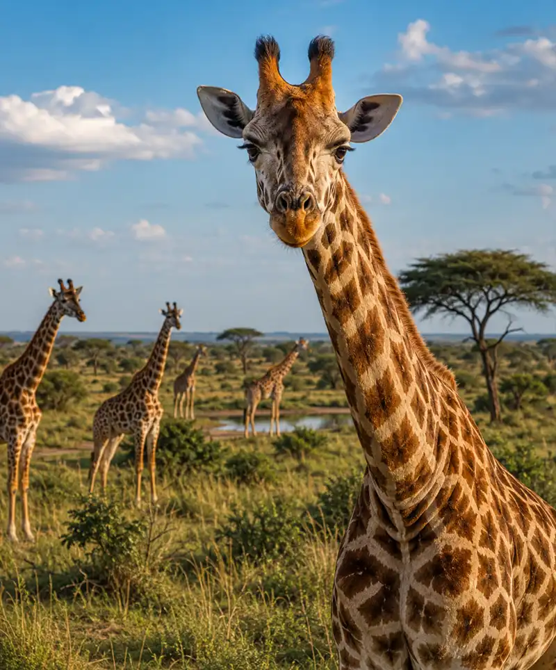 A close-up giraffe stands in the foreground of the African savanna, looking directly toward the viewer while several other giraffes graze and gather near a watering hole in the background beneath a bright blue sky.
