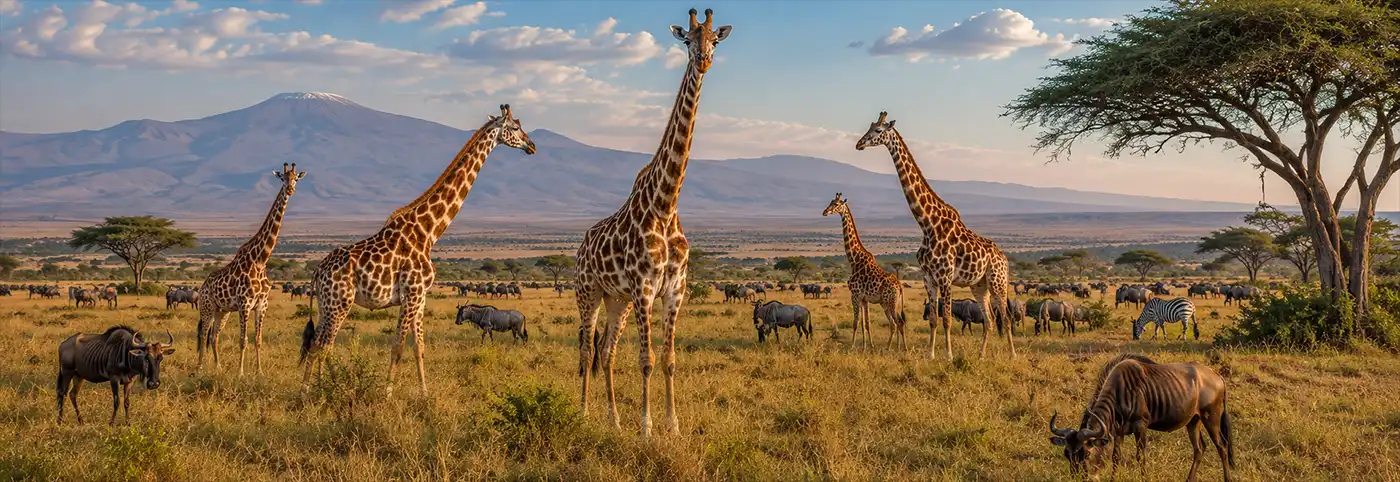 A herd of giraffes stands across the African savanna beneath a wide sky, with zebras and wildebeest grazing peacefully nearby. Acacia trees and distant mountains frame the scene, highlighting the giraffes as the dominant wildlife on the open grasslands