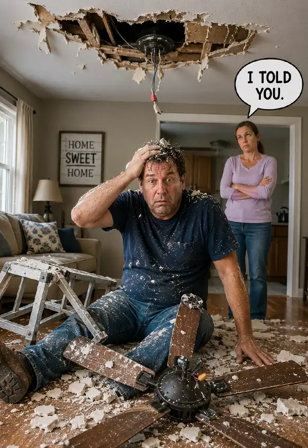 Ceiling Fan Failure A DIY homeowner sits stunned on the floor beneath a partially collapsed ceiling after a failed attempt to install a ceiling fan. Surrounded by broken fan parts, drywall debris, and an overturned stool, he looks bewildered while his wife stands in the background with folded arms and an unmistakable “I told you so” expression.