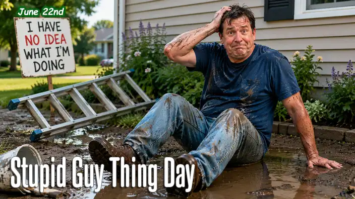 A muddy homeowner sits embarrassed in a puddle beside a fallen ladder after an apparent mishap. Covered in mud and looking sheepish, he glances at the camera while a humorous sign behind him reads, “I Have No Idea What I’m Doing.”