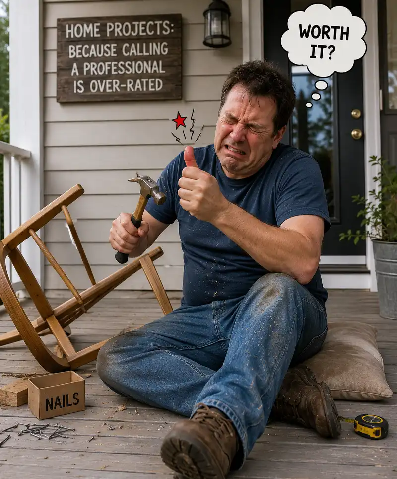 A frustrated homeowner sits on his porch clutching a sore thumb after missing a nail and apparently falling from a chair during a DIY project. Surrounded by scattered nails, tools, and an overturned chair, he wears an expression that perfectly captures the moment when confidence and gravity teamed up against him.