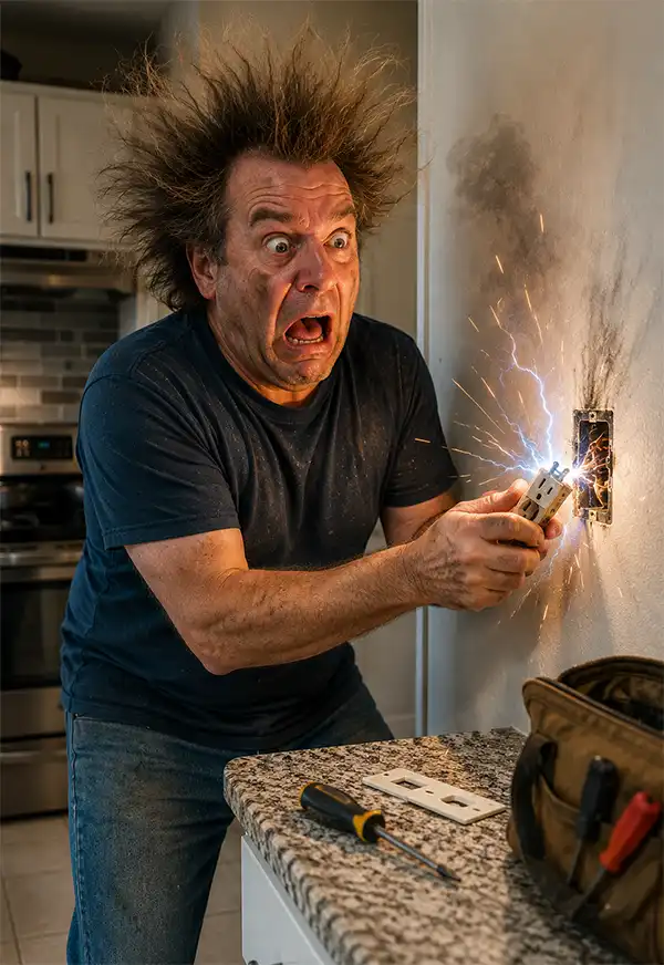 Zapp! A do-it-yourself homeowner receives an unexpected electrical shock while replacing a kitchen wall outlet without turning off the power. With sparks flying, smoke rising, and his hair standing straight up, his expression perfectly captures the moment he realizes that skipping an important safety step was a very bad idea.