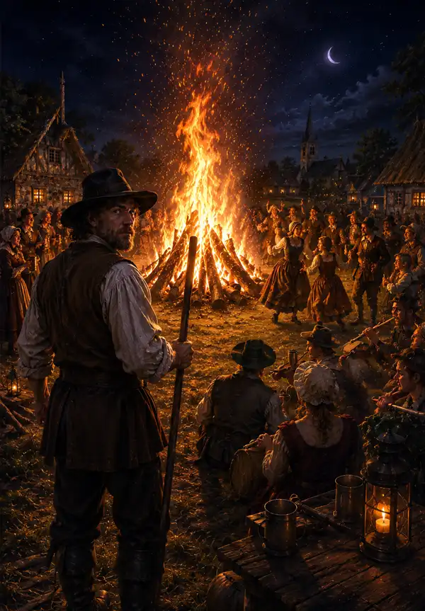 Guarding Against Evil Spirits Villagers celebrate Witches' Night around a towering bonfire in a 17th-century European village, while a watchful man stands guard in the foreground, glancing into the darkness for signs of wandering spirits beyond the fire's protective glow.