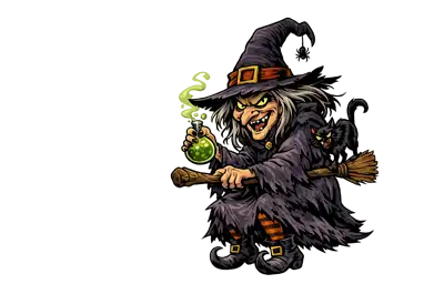 Cartoon illustration of a mischievous witch riding a broomstick with a black cat perched behind her, holding a glowing green potion bottle and grinning mischievously against a transparent background