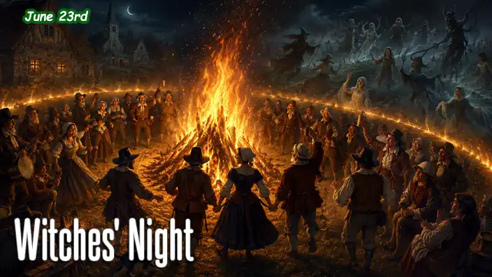Villagers in 17th-century Europe gather around a large midsummer bonfire on Witches' Night, dancing and celebrating while ghostly spirits linger beyond the fire's protective glow.