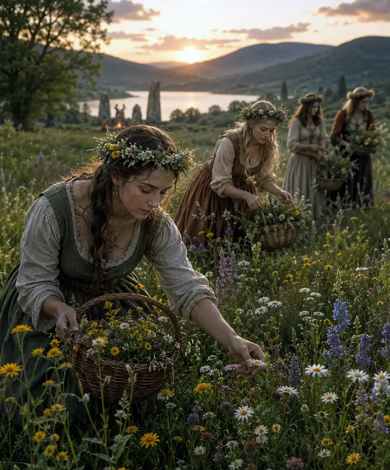 Women in ancient European clothing gather wildflowers in a sunlit meadow at midsummer, filling woven baskets as the evening sun sets over a peaceful countryside landscape.