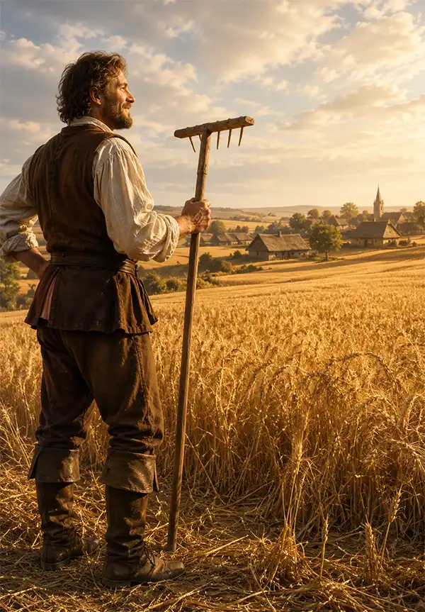 Fields Growing, Good Omens 17th-century farmer holding a hay rake and looking proudly across a golden wheat field at harvest time, with an abundant crop stretching toward a distant village under the evening sun.