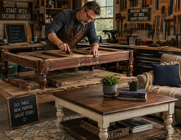 Table Repair and Reuse Skilled woodworker in a workshop carefully transforming an old dining room table into a handcrafted coffee table, surrounded by tools, wood shavings, and finished upcycled furniture.