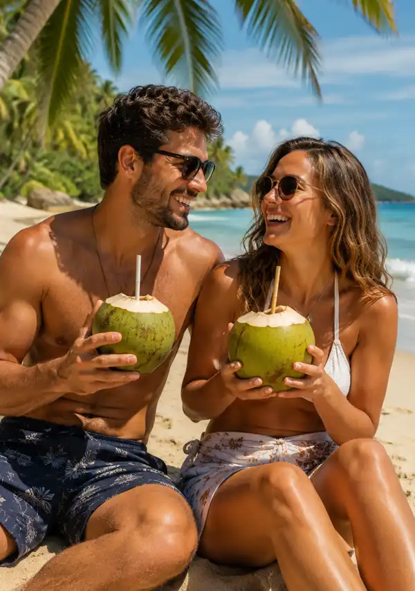 Tropical Beverages Smiling couple relaxing on a tropical beach while enjoying fresh coconut drinks served in coconut shells. Surrounded by palm trees, white sand, and turquoise water, they celebrate the simple pleasures of a sunny island day.