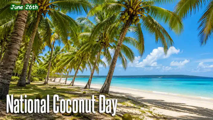 Tropical coconut grove lining a pristine sandy beach on a sunny day. Tall coconut palms heavy with fruit sway above turquoise waters, while several freshly fallen coconuts rest on the ground beneath the trees.