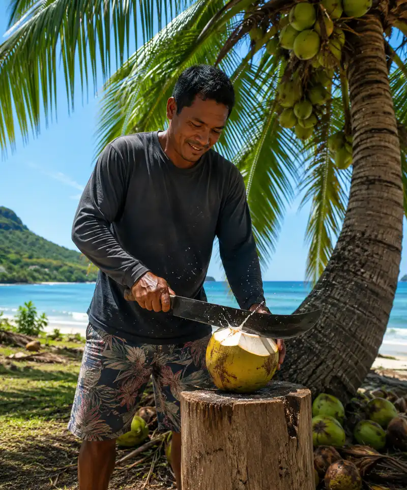Man standing beside a coconut palm on a tropical beach uses a machete to cut open a freshly harvested coconut. Surrounded by fallen coconuts and swaying palm trees, he prepares to enjoy fresh coconut water on a beautiful sunny day.
