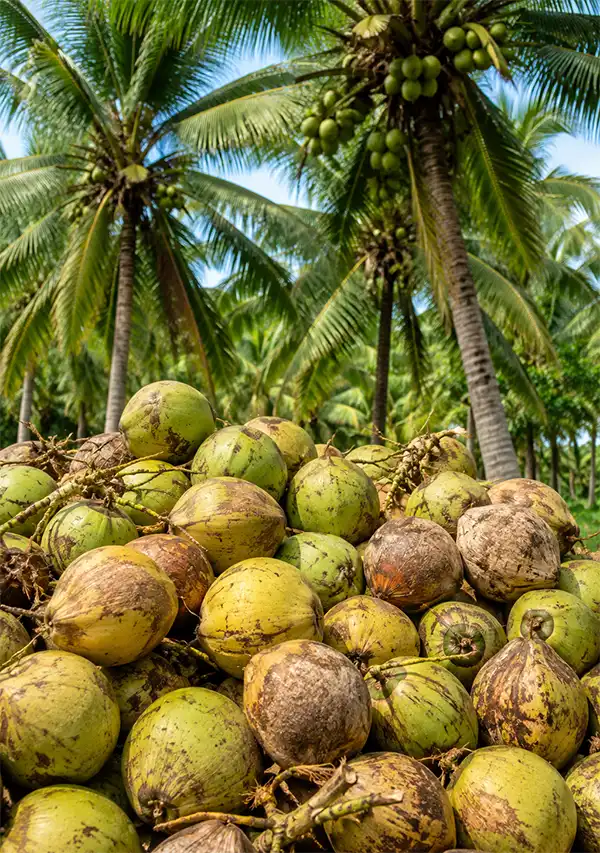 Harvested Coconuts Large pile of freshly harvested coconuts awaiting processing in a tropical plantation. In the background, tall coconut palms heavy with fruit sway beneath a bright blue sky, highlighting the source of coconut milk, coconut water, and coconut meat.