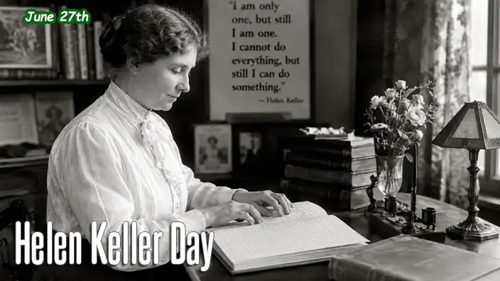 Helen Keller sits at a desk reading a Braille book with her fingertips, surrounded by books and papers in a quiet study. Sunlight streams through a nearby window, highlighting her dedication to learning and writing.