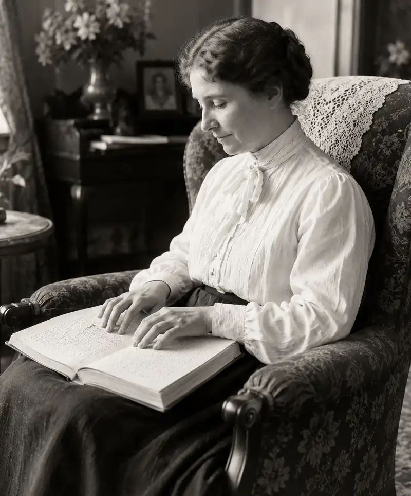 Helen Keller sits comfortably in an upholstered easy chair in her living room, reading a Braille book with her fingertips. Soft light from a nearby window illuminates the peaceful scene, highlighting her lifelong dedication to learning and literacy.