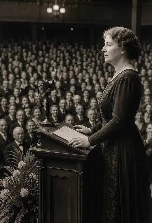 Helen Keller wrote and delivered many speeches in her lifetime. Helen Keller stands at a podium delivering a speech to a packed auditorium. The audience listens attentively as she addresses the crowd, reflecting her role as a respected author, educator, and advocate for people with disabilities.