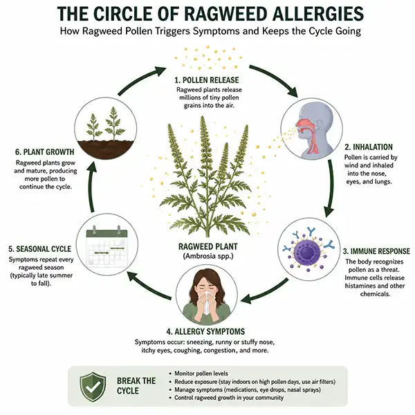 Technical infographic illustrating the cycle of ragweed allergies. The diagram shows how ragweed plants release pollen, how the pollen is inhaled, triggers an immune response, causes allergy symptoms, and repeats seasonally as new ragweed plants grow and spread. Arrows connect each stage in a circular flow, with tips for reducing pollen exposure and controlling ragweed growth.