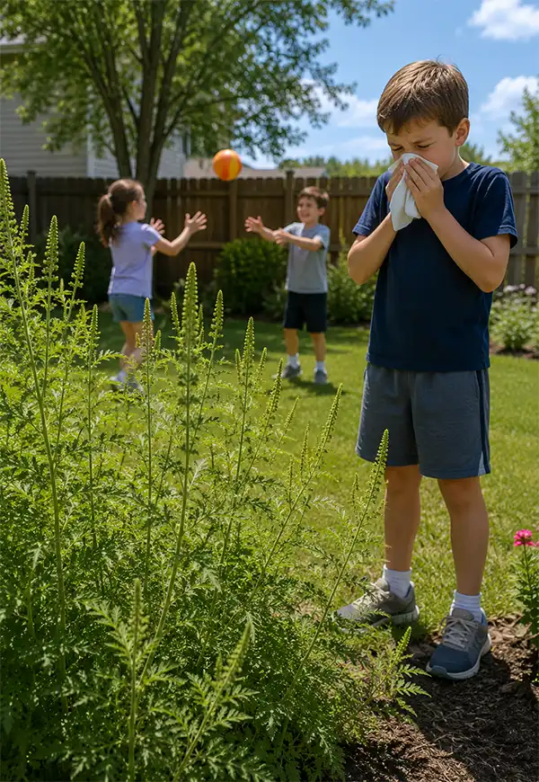 Child blowing his nose while standing near a patch of ragweed in a sunny backyard garden. Other children play happily in the background, illustrating how ragweed pollen can affect allergy sufferers during outdoor activities.