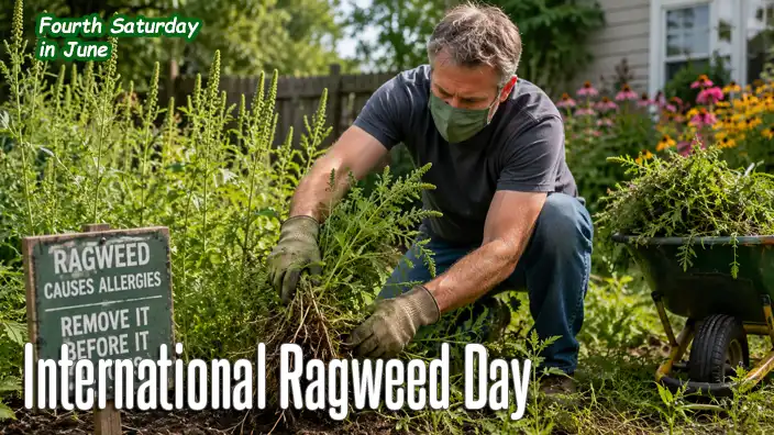 Gardener wearing a protective face mask and gloves removes ragweed plants from a backyard garden. A wheelbarrow filled with weeds sits nearby as he carefully pulls up the allergenic plants by their roots.