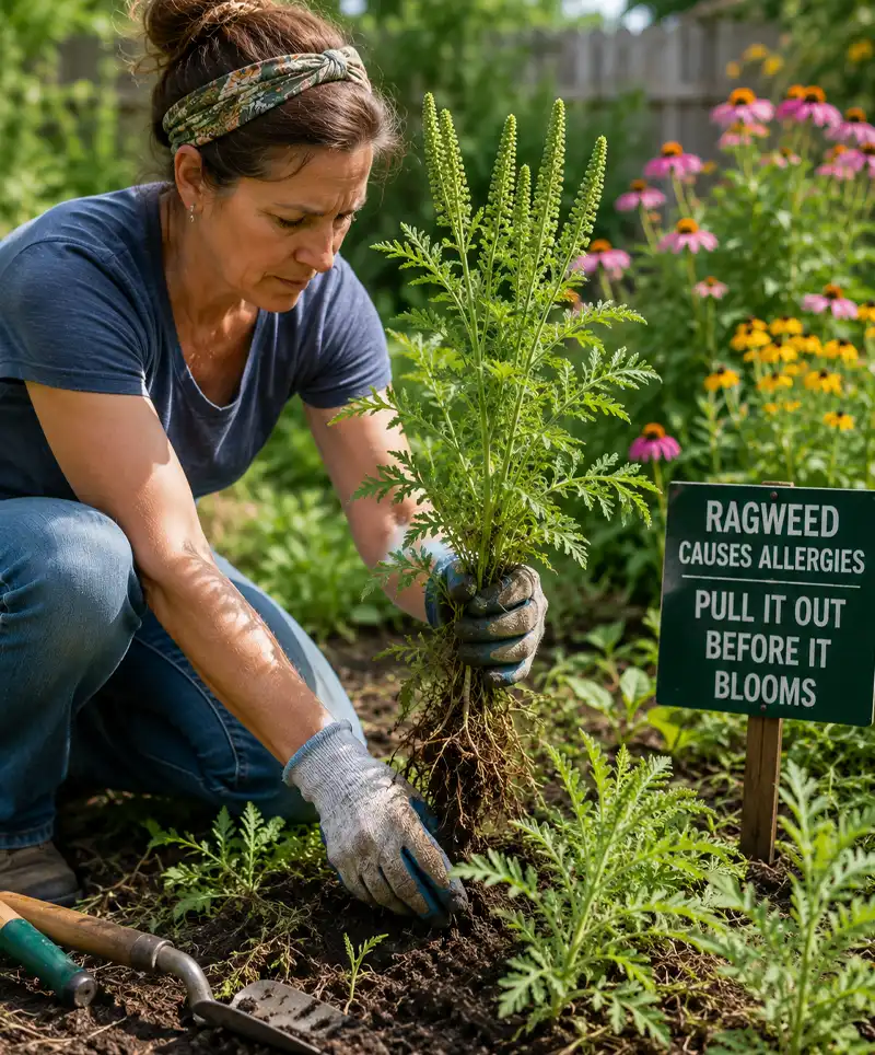 Woman wearing gardening gloves carefully removes a ragweed plant from her flower garden before it blooms. Surrounded by colorful flowers and garden tools, she works to reduce pollen and prevent seasonal allergies.