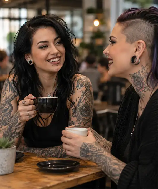 Friends with multiple facial piercings share a lively conversation over coffee in a contemporary café, demonstrating that body piercings are a natural part of everyday life and personal style.