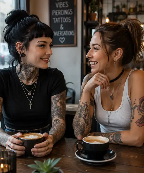 Two women with tasteful ear, nose, and lip piercings enjoy coffee and conversation in a modern café, smiling as they catch up in a relaxed, welcoming atmosphere.