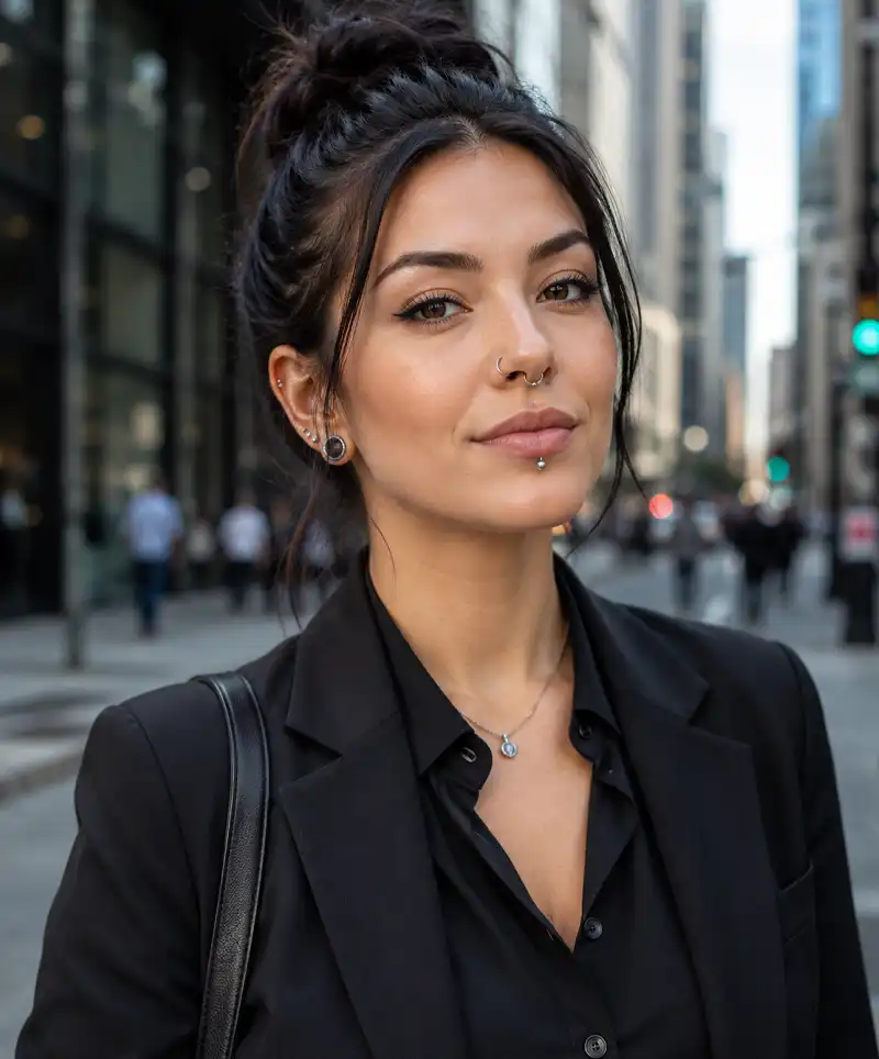 A professionally dressed businesswoman stands confidently on a city street wearing a tailored black suit, with tasteful piercings in her ears, nose, and lip that reflect her personal style and professionalism.