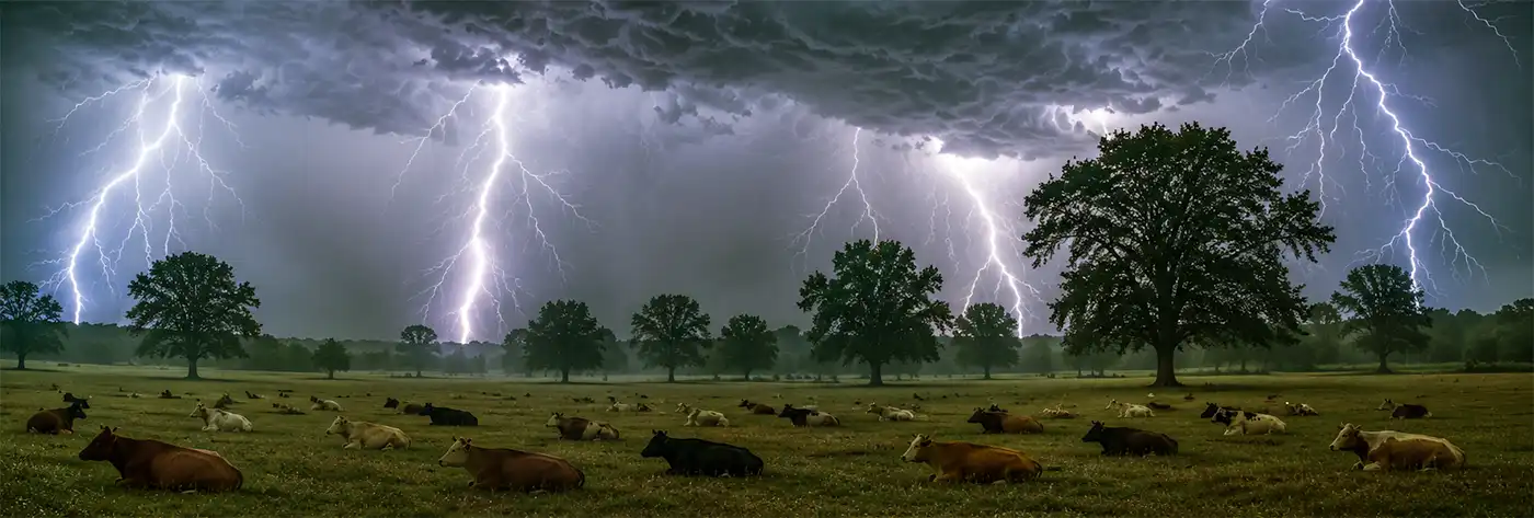 An ultra-wide view of a peaceful meadow during a dramatic thunderstorm, where a herd of cows lies safely in the open grass away from the trees as multiple lightning bolts illuminate the dark, storm-filled sky.