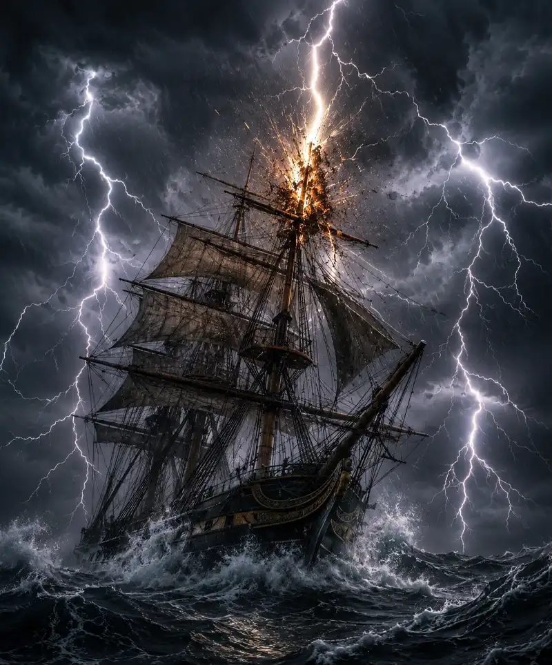 An old square-rigged sailing ship battles towering waves during a violent thunderstorm as a powerful bolt of lightning explodes against its main mast, illuminating the stormy sea.