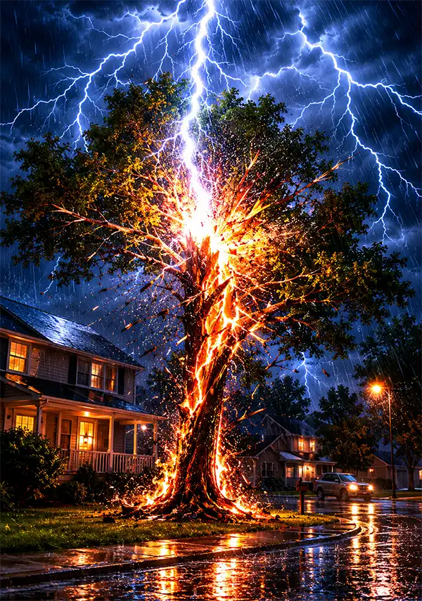 A powerful lightning bolt strikes a large tree in a suburban neighborhood during a nighttime thunderstorm, sending sparks and splintered wood flying as heavy rain falls and nearby homes are illuminated by the dramatic flash.