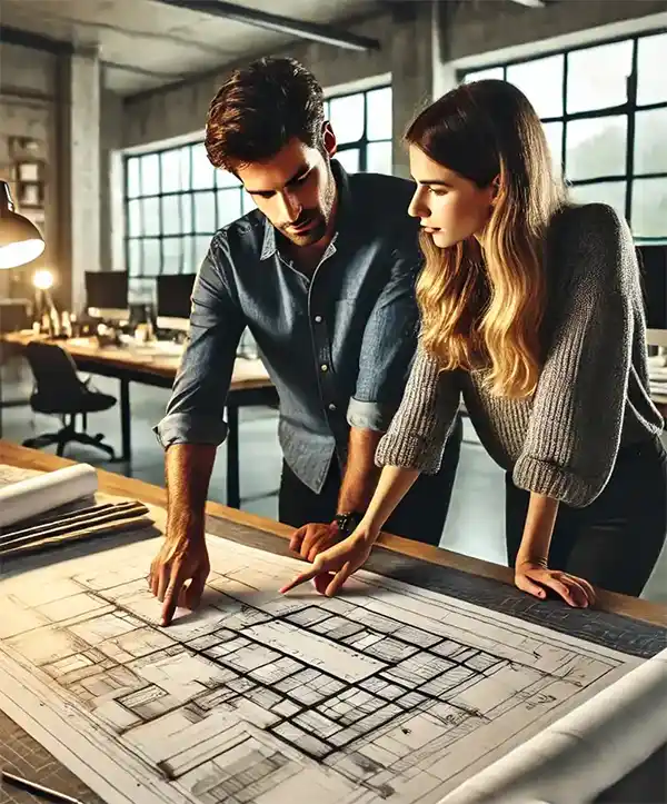 Consulting over a schematic on an industrial scale.