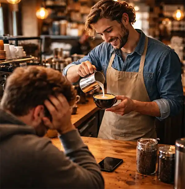Barista preparing a latte with careful precision while a tired customer waits at the counter, holding his head and longing for his morning coffee in a cozy café.