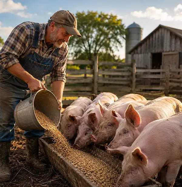A farmer in overalls pours grain into a feeding trough as a group of eager pigs crowd together at a farm. A rustic barn, fencing, and silo stand in the background beneath warm evening sunlight.