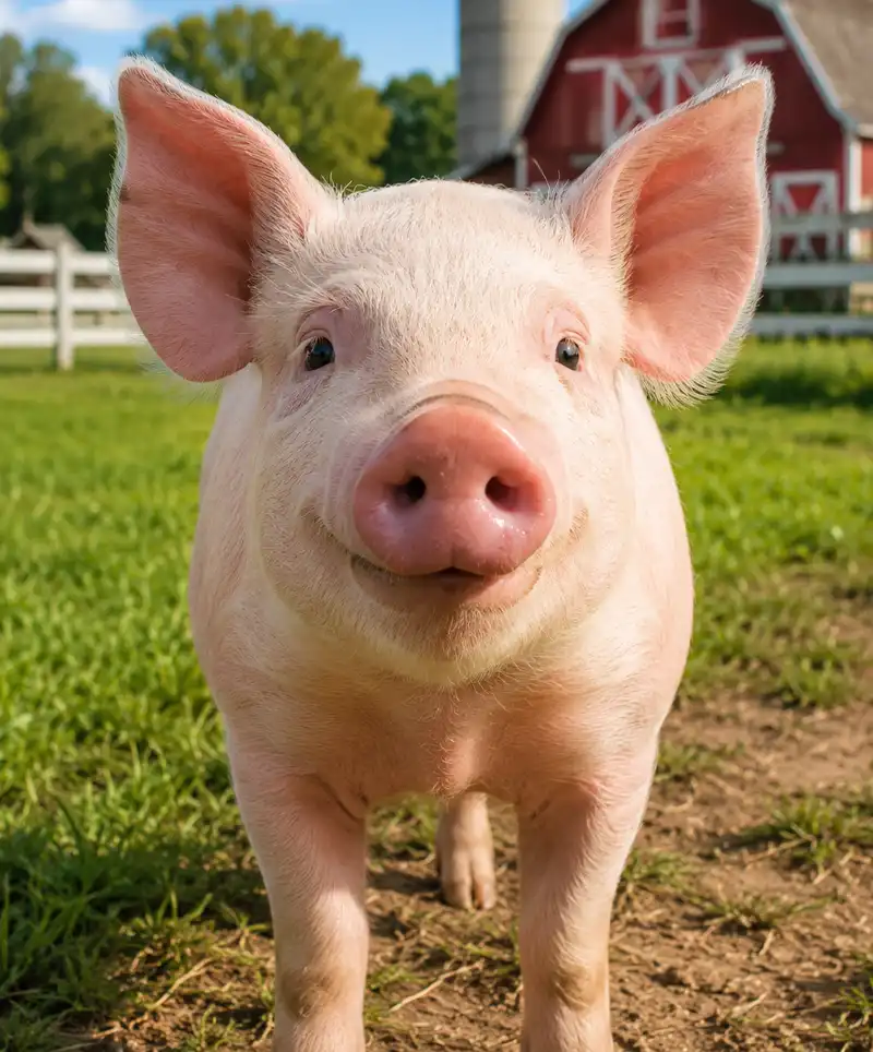 A friendly pink pig stands in a sunny farmyard, looking directly at the camera with a curious expression. A red barn, white fence, and silo are visible in the background, creating a warm and welcoming rural scene.