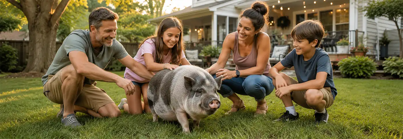 A family gathers in a sunny backyard, smiling and petting their friendly potbellied pig. The well-kept lawn, trees, and family home create a warm and inviting scene of companionship and outdoor fun.