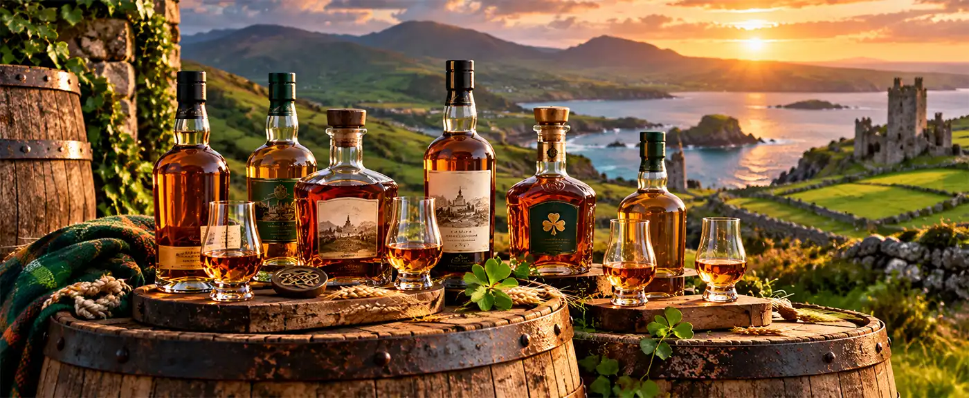 Irish Whiskeys, you choose. A display of assorted Irish whiskey bottles and tasting glasses arranged on rustic wooden barrels, with shamrocks, rolling green hills, an ancient Irish castle, and a beautiful coastal sunset in the background.