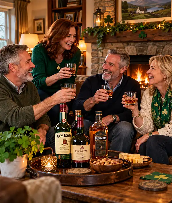 Friends and Irish Whiskey Four friends enjoying Irish whiskey and sharing laughter during a cozy living room gathering, with glasses raised beside a warm fireplace and bottles of Jameson, Redbreast, and Bushmills whiskey displayed on a coffee table.