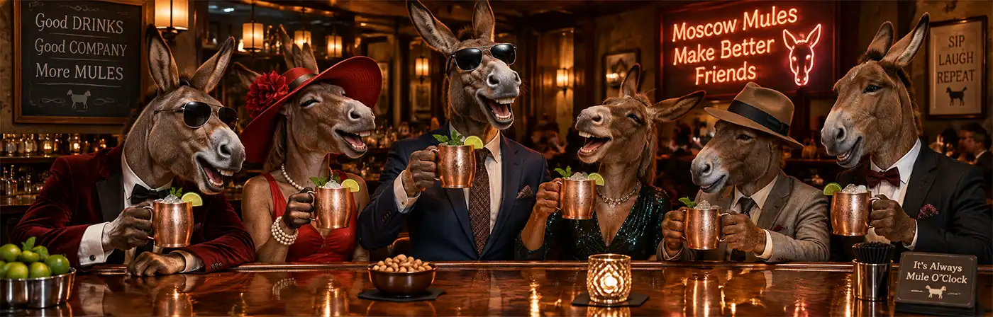 When your friends start to look like this? Time to quit. Several smartly dressed mules enjoying Moscow Mules in copper mugs together at a lively, warmly lit bar.