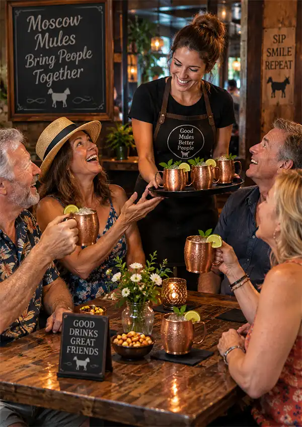 Cheerful friends gathered for Mule Night A cheerful group of friends enjoying Moscow Mules around a restaurant table as a smiling waitress arrives with another round in copper mugs.
