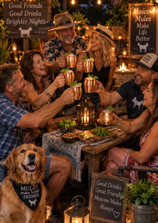 Backyard Mules. Friends raising copper Moscow Mule mugs at a cheerful backyard gathering illuminated by festive lights and lanterns on a warm evening.