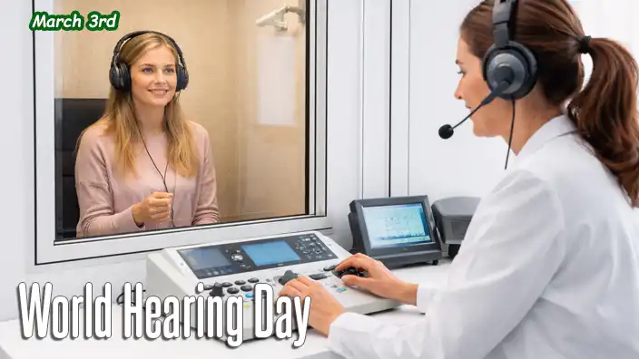 Medical technician conducting a hearing test as a patient wearing headphones responds inside a soundproof audiology booth.