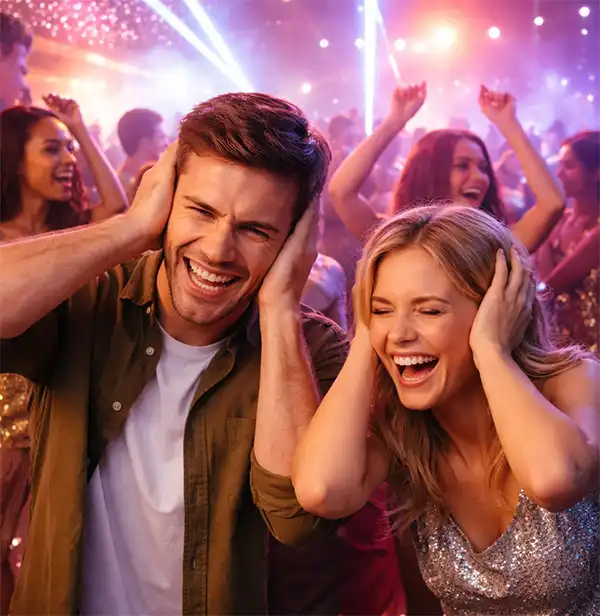 People dancing at a crowded nightclub while covering their ears as loud music plays under bright party lights.