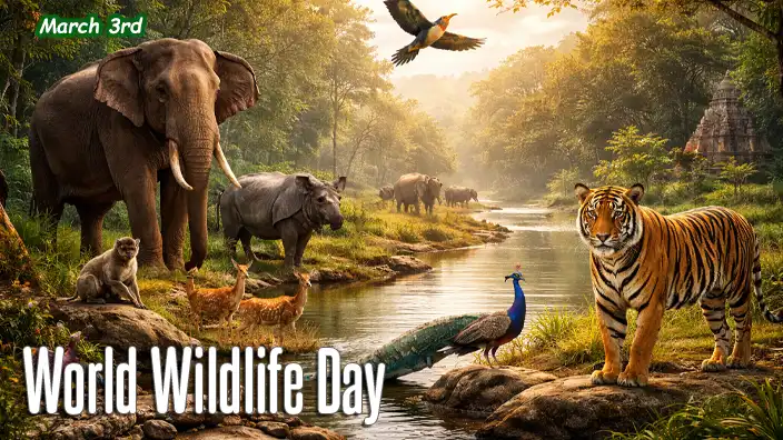 Indian wildlife scene featuring a Bengal tiger, Asian elephants, rhinoceros, peacocks, deer, and monkeys near a river in a lush forest landscape.