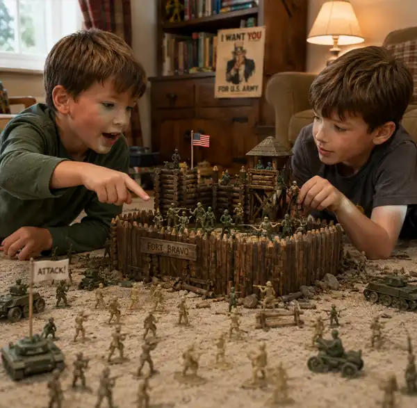 The Battle for Fort Living Room Two young boys play with plastic toy soldiers around a wooden fort in their living room, each commanding opposing armies as they create an imaginative battle filled with strategy, adventure, and childhood fun.