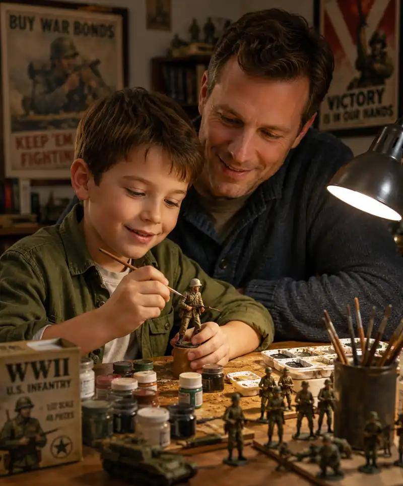 Young boy carefully paints a World War II toy soldier while his father watches proudly, sharing a warm hobby moment surrounded by miniature figures, paints, and model-making supplies.