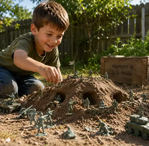 A Toy Soldier Battle Young boy happily plays with plastic army men in a backyard dirt battlefield, using a handmade hill with bunkers and defensive positions as the setting for an imaginative military adventure.