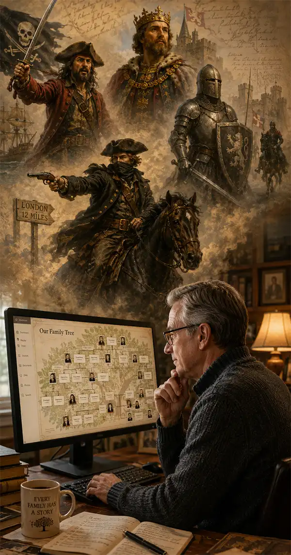Imagine What You'll Find A father studies his family tree on a computer while imagined ancestors including pirates, kings, knights, and a masked highwayman appear floating dramatically above him in a warm, historic scene.